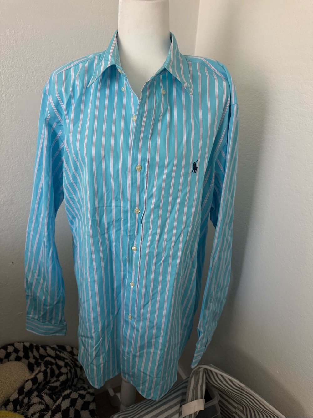 Ralph Lauren Men’s Aqua and White Striped Button-Down Shirt